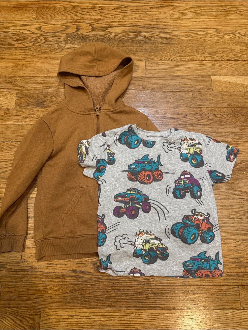 Cat & Jack Brown Hoodie with primark Gray Monster Truck Tee